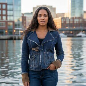 NWOT Distressed Ribbed Cuff Jean Jacket Women's M Denim Medium Wash